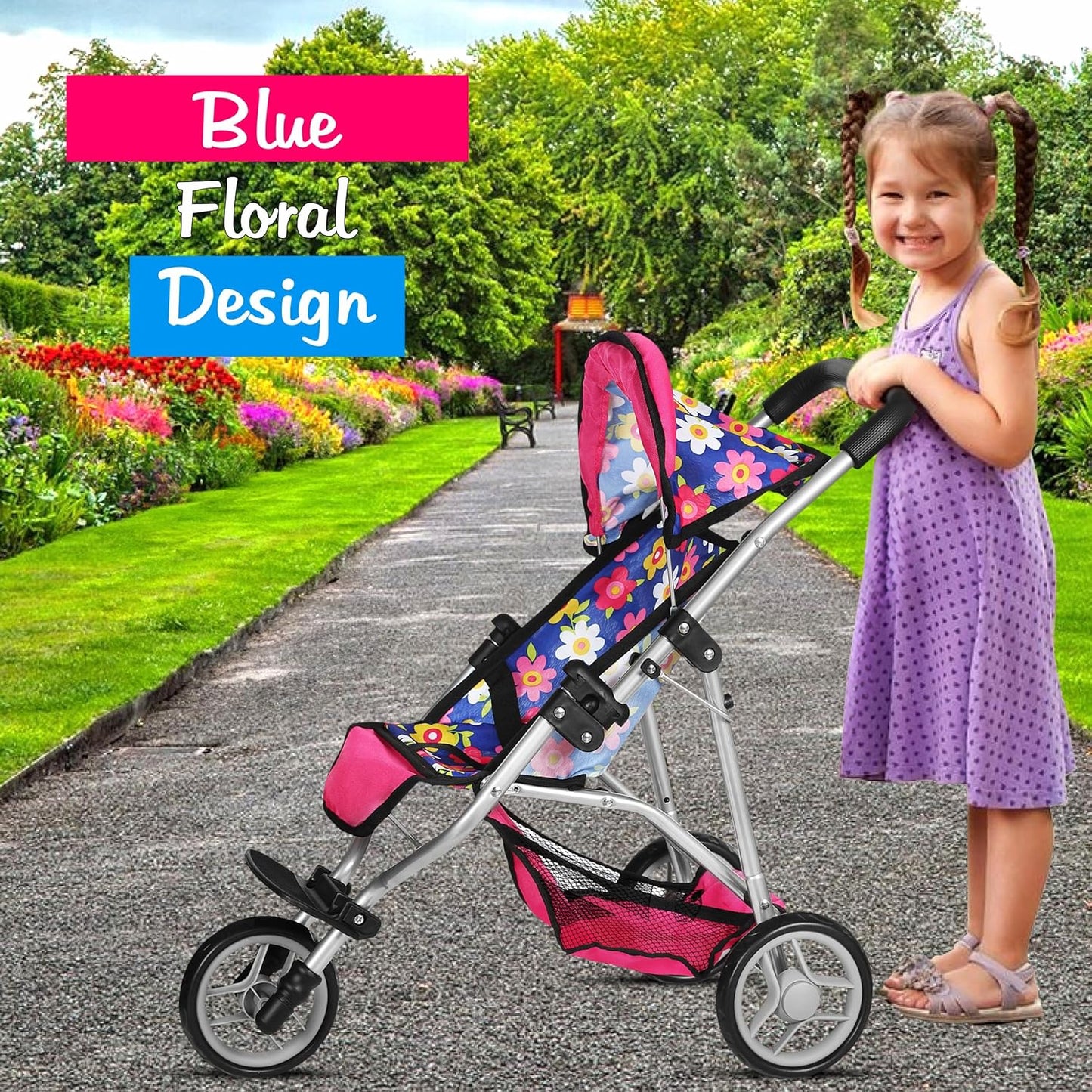 Fash N Kolor - Baby Doll Stroller with Adjustable Canopy & Toy Storage Basket - Foldable Baby Stroller for Pretend Play - Denim Pink,