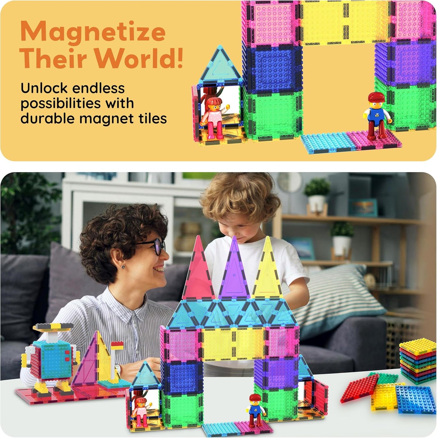 PicassoTiles 333pcs Magnetic Brick Tile and Magnetic Tile Combo Set, Action Figures included, Building Blocks STEM Toys, Educational Montessori Preschool Toddler classroom learning toys, Kids activity