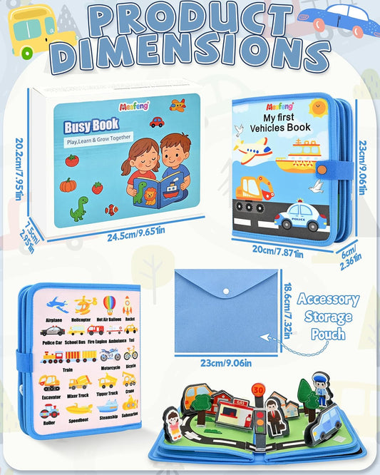 Meafeng Vehicles Educational Book for Toddlers 1–3, Montessori Quiet Activity & Learning Book with Cars, Trucks & Firefighters, Educational Toy for Early Learning, Travel Toy for Car & Airplane Trips