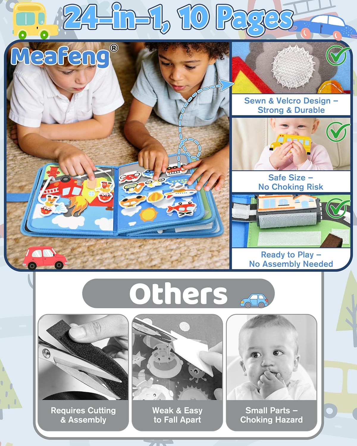 Meafeng Vehicles Educational Book for Toddlers 1–3, Montessori Quiet Activity & Learning Book with Cars, Trucks & Firefighters, Educational Toy for Early Learning, Travel Toy for Car & Airplane Trips