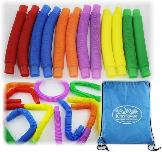 Matty's Toy Stop Pull 'N Pop Multi-Color Tubes (Toobs) with Storage Bag - 12 Pack