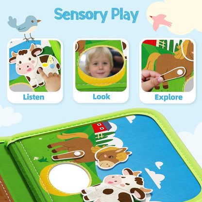 AMOSTING Montessori Busy Book for Toddlers 1-3, Busy Board Activities, Fine Motor Skills & Sensory Play, Farm Quiet Book, Travel Toy for Kids