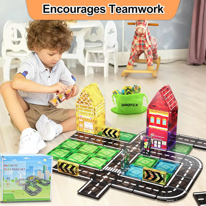 Drofex 42pcs Magnetic Tiles Road, Magnetic Building Blocks City Construction Toys for 3+Year Old Boys Girls, Kids Montessori Toys for Toddler, STEM Learning Gifts