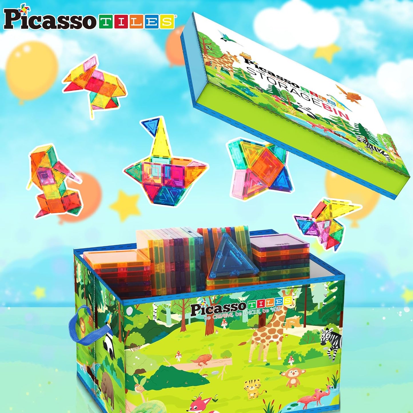 PicassoTiles Foldable Toy Storage Chest Box Forest Animal Theme Magnet Tile Organization Bin with Lid and Handles Magnetic Tiles Playroom Organizer STEM Early Educational Toys Boys Girls Ages 3+ PTA34