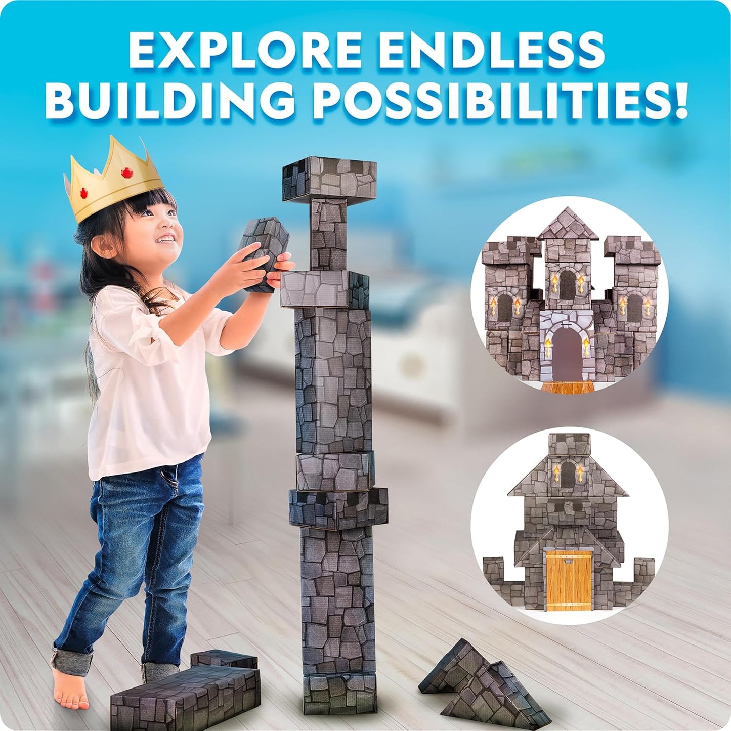 NATIONAL GEOGRAPHIC Kids Jumbo Cardboard Building Blocks – 40 Heavy-Duty Bricks in 3 Sizes, Build & Learn with Game Spinner & Activity Cards for Kids 3+, Indoor Play Construction Toy for STEM Learning