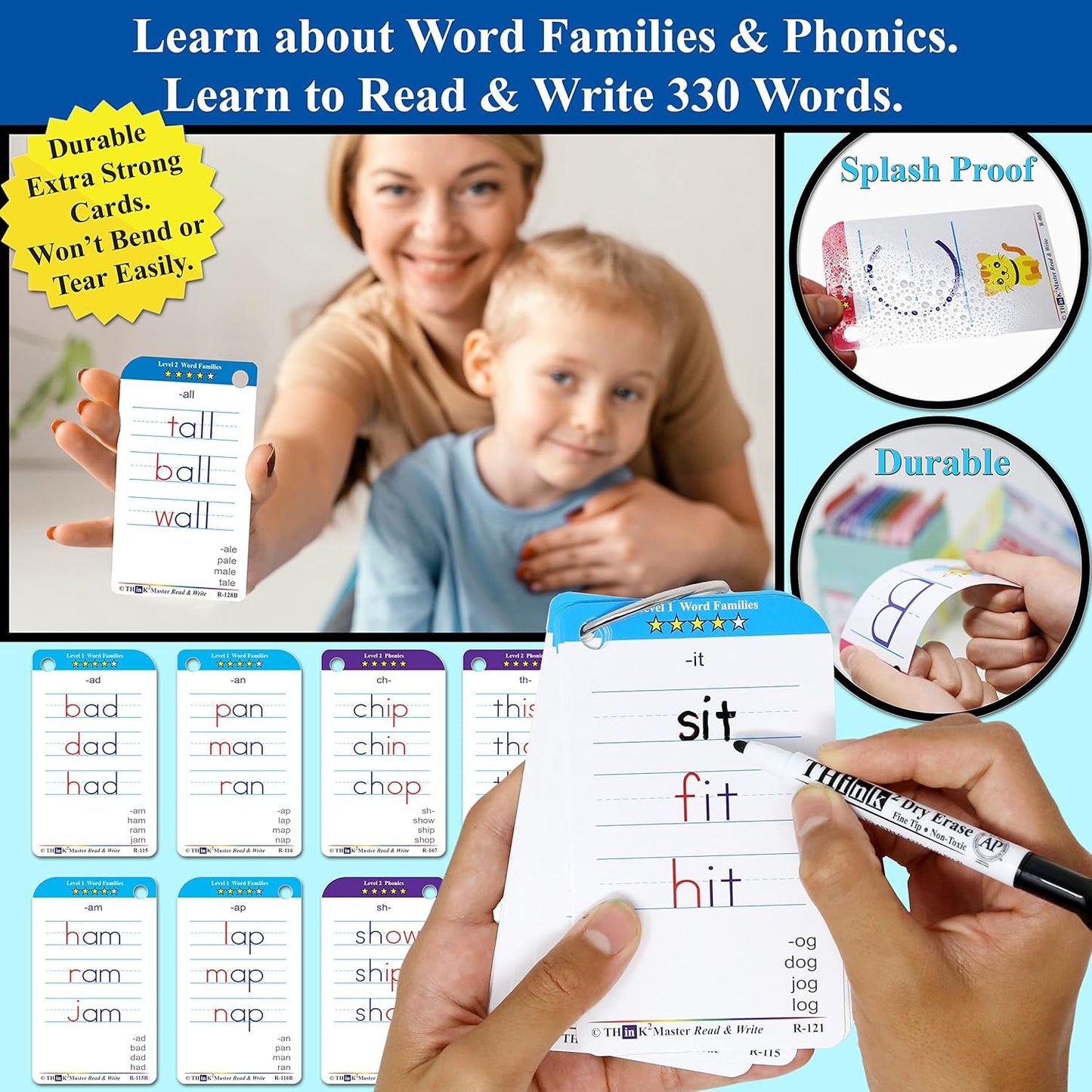 THINK2MASTER Premium 186 Laminated Alphabet, Sight Words & Phonics Flash Cards for Pre K & Kindergarten. (Bonus: 2 Dry Erase Markers, 5 Rings). Learn to Read, Write, Count, Add & Subtract Numbers.