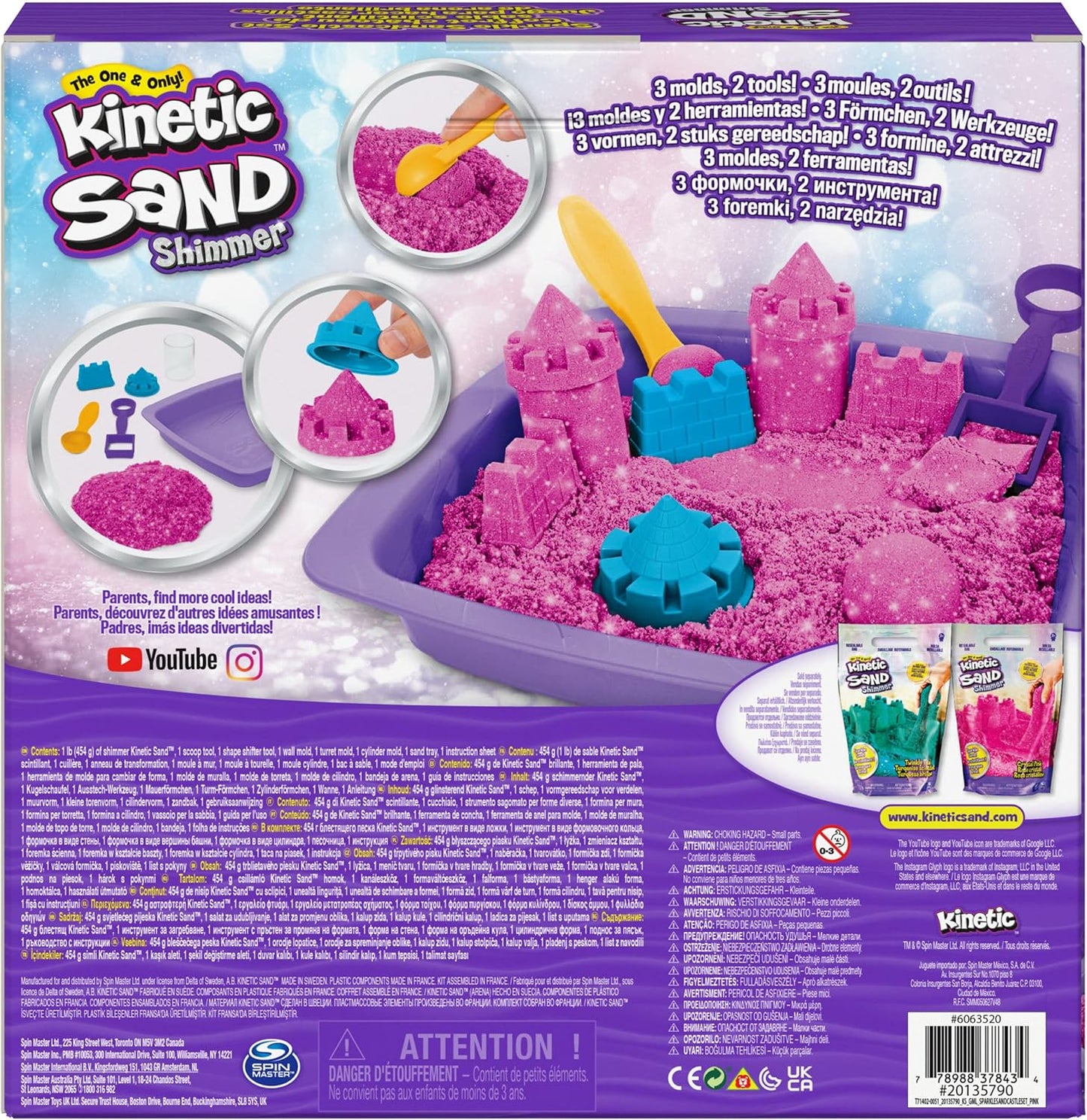 Kinetic Sand | Shimmer Sand Castle | Kinetic Sand 454g | Magic Sand | Pink Glitter Coloured Sand | 3 Accessories and Tray Included | Toys for Boys and Girls 3 Years