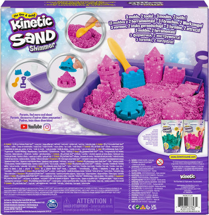 Kinetic Sand | Shimmer Sand Castle | Kinetic Sand 454g | Magic Sand | Pink Glitter Coloured Sand | 3 Accessories and Tray Included | Toys for Boys and Girls 3 Years