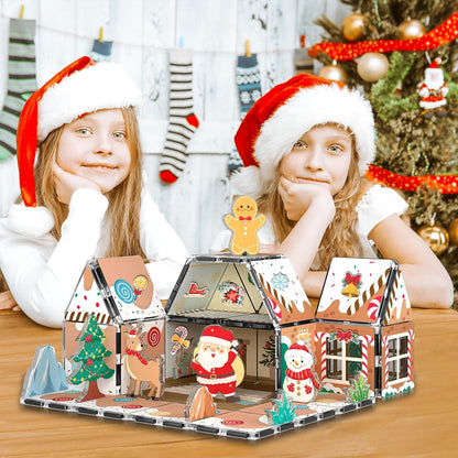 PicassoTiles Magnetic Tile Christmas Holidays Cottage Building Set with Santa Elves Nutcracker 6 Character Figures STEM Educational Construction Toy Winter Magnet Block Gift for Kids Age 3 Plus PTQ08