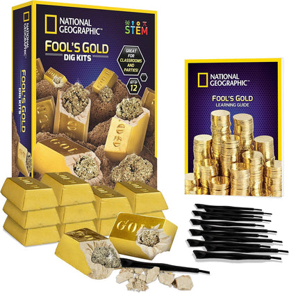 National Geographic Fool’s Gold Dig Kit – 12 Gold Bar Dig Bricks with 2-3 Pyrite Specimens Inside, Party Activity with 12 Excavation Tool Sets, Great Stem Toy for Boys & Girls or Party Favors