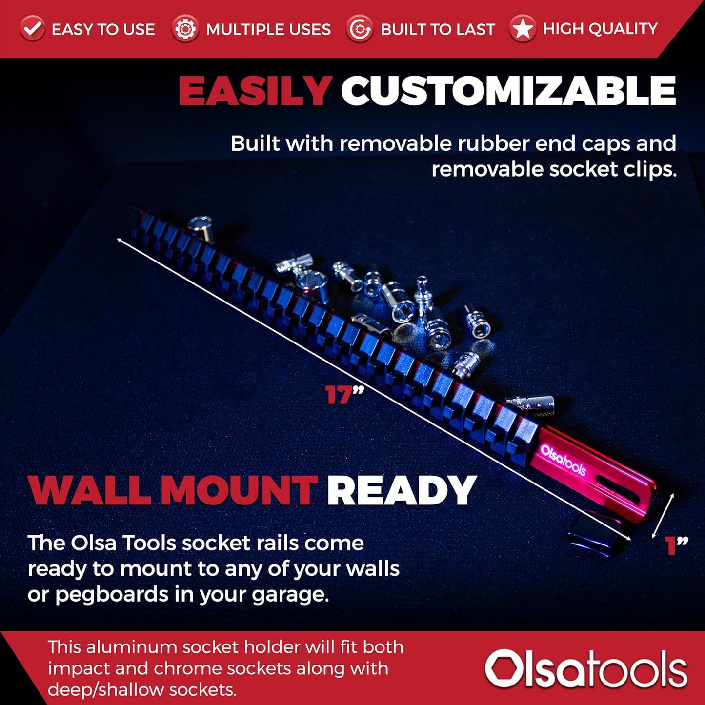 Olsa Tools Aluminum Socket Organizer, 3pc Set - Yellow Socket Holder Kit 1/2-Inch, 3/8-Inch, and 1/4-Inch Drive - Holds 58 Chrome or Impact Sockets - Professional Grade Socket Rails - Part: 1110