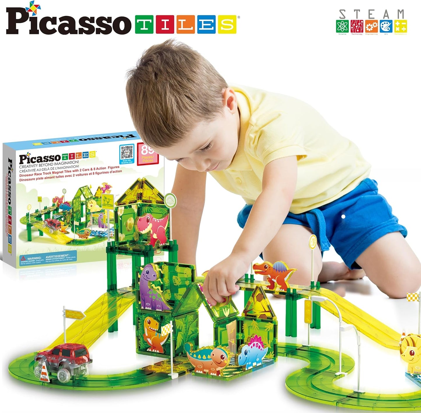 PicassoTiles Magnetic Tiles Race Track Car Thrilling Toy Playset Includes 2 Racing Trucks STEM Educational Magnet Tile Building Block Construction Set for Toddlers Boys Girls Ages 3 and Older PTR30