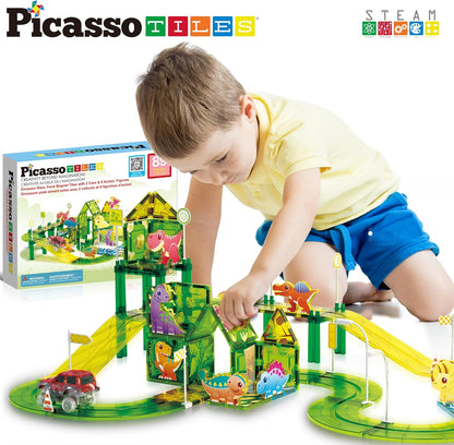 PicassoTiles Magnetic Tiles Race Track Car Thrilling Toy Playset Includes 2 Racing Trucks STEM Educational Magnet Tile Building Block Construction Set for Toddlers Boys Girls Ages 3 and Older PTR30