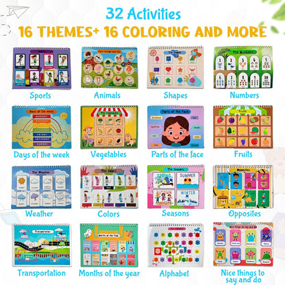 Busy Book for Toddlers 3 and Up – Preschool Learning Activities Bilingual Book in Spanish and English with 32 Activities – Educational Toddler Activity Book with 8 Color Markers