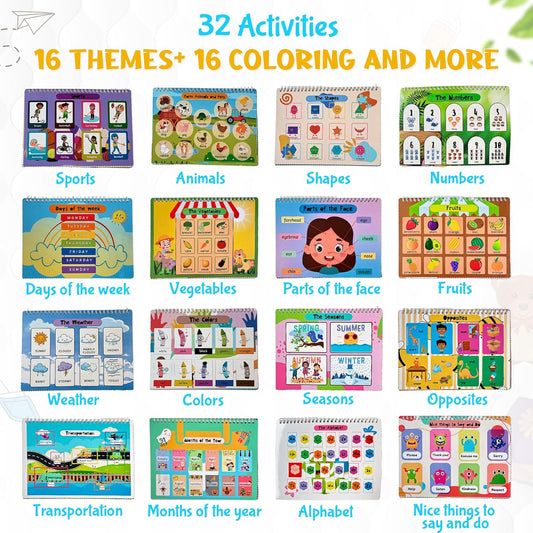 Busy Book for Toddlers 3 and Up – Preschool Learning Activities Bilingual Book in Spanish and English with 32 Activities – Educational Toddler Activity Book with 8 Color Markers