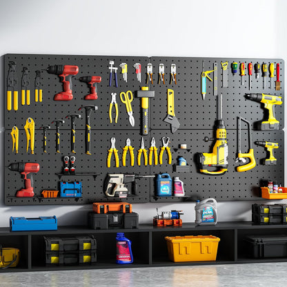 Peg Board, 112PCS Heavy Duty Metal Pegboard with Hooks, 6 Pack Black Peg Board Panels, 60lbs Load Capacity Each, Pegboard Wall Organizer for Garage, Workshop, Kitchen, Craft Rooms