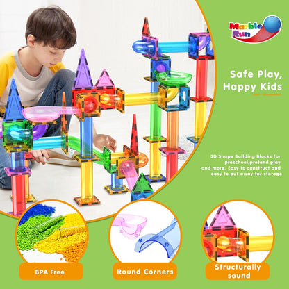 PicassoTiles 108pc Magnetic Marble Run Set with Building Tiles Race Track Car Slides Set STEM Learning Toy 3-in-1 Preschool Construction Kit for Indoor Activity and Development for Kids age 3+ PTG108