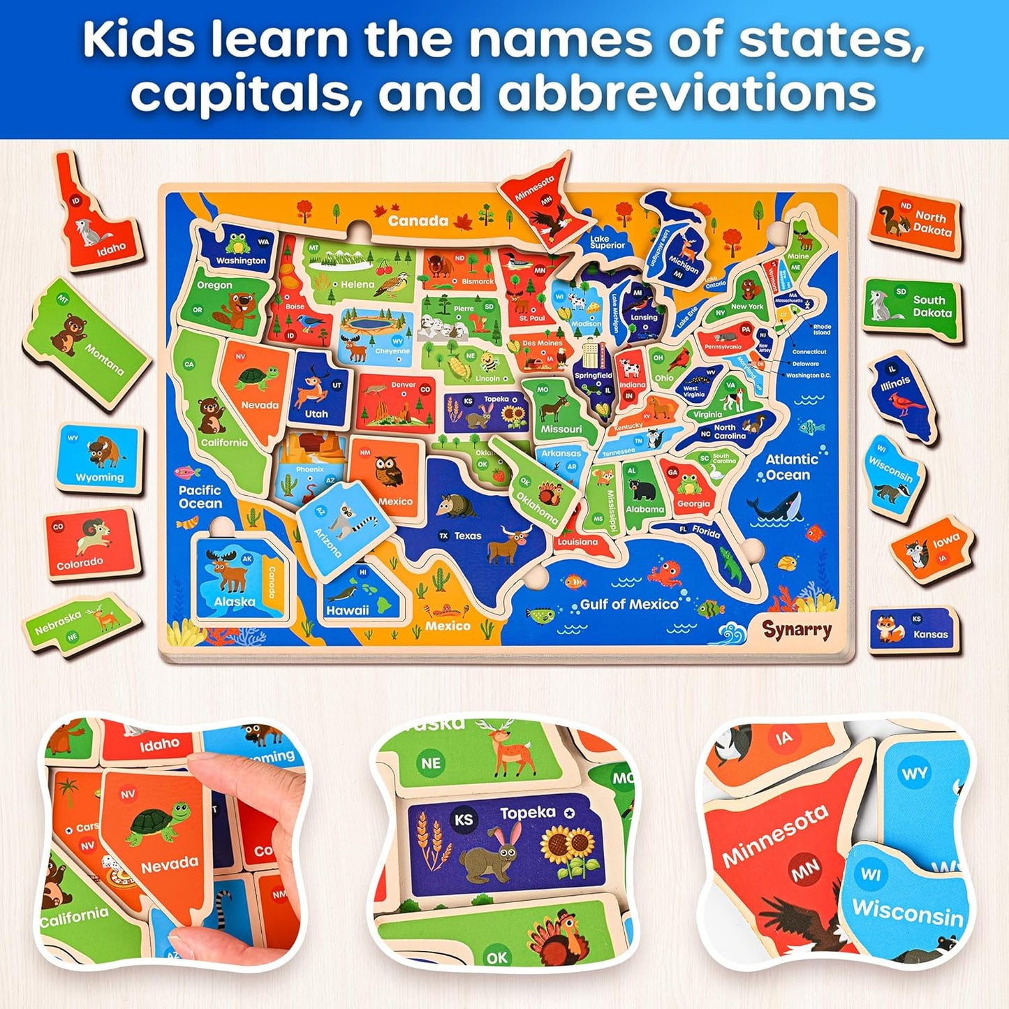 SYNARRY Large USA World Wooden Puzzles for Kids Ages 4-6, Learning United States World Maps Puzles for Kids Ages 6-8, Wood Jigsaw Puzzles Educational Games Toys Gifts for Boys Girls Ages 3-8