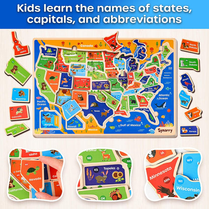 SYNARRY Large USA World Wooden Puzzles for Kids Ages 4-6, Learning United States World Maps Puzles for Kids Ages 6-8, Wood Jigsaw Puzzles Educational Games Toys Gifts for Boys Girls Ages 3-8