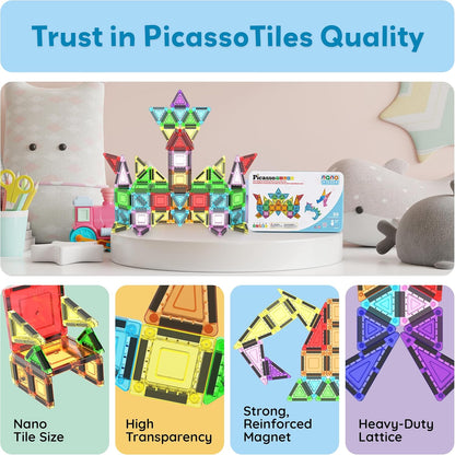 PicassoTiles 60 pcs Mini Magnetic Tiles Magnet Toys Travel-Friendly On-The-Go Building Blocks for Kids Compact Lightweight Creative playset Preschool Montessori Early Learning STEM Kids Toy Ages 3+.