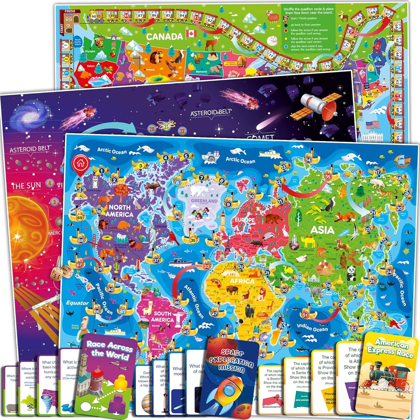 QUOKKA 3X Set Learning Board Games for Kids 8-12 - Educational Trivia Cards Ages 6-8 - Travel United States - World Map - Explore Outer Space - Gift for Children and Teens 4-8 - Jigsaw Puzzles
