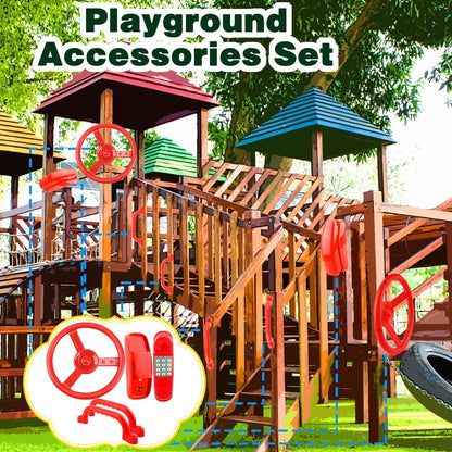 Playground Accessories Swingset Plastic Pirate Ship Steering Wheel Safety Handles Telescope for Kids Outdoor Playground Treehouse Jungle Gym Accessories (4 Pcs- Green,Yellow Set)