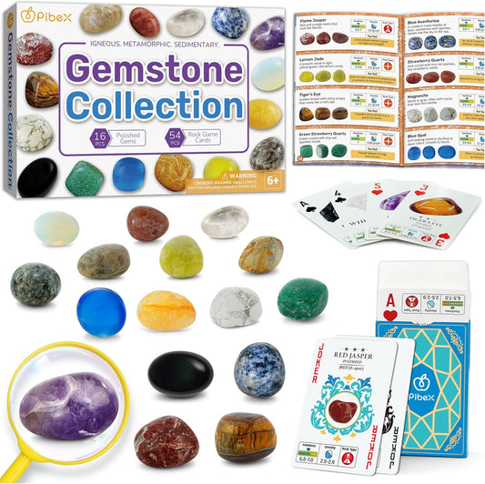 PIBEX Rock Collection Starter Kit - 54 Pcs Assorted Gemstones, Crystals, Rocks & Minerals, with Learning Book & ID Cards, Earth Science Kit Toy, A Geology Gift for Kids & Adults Ages 8+