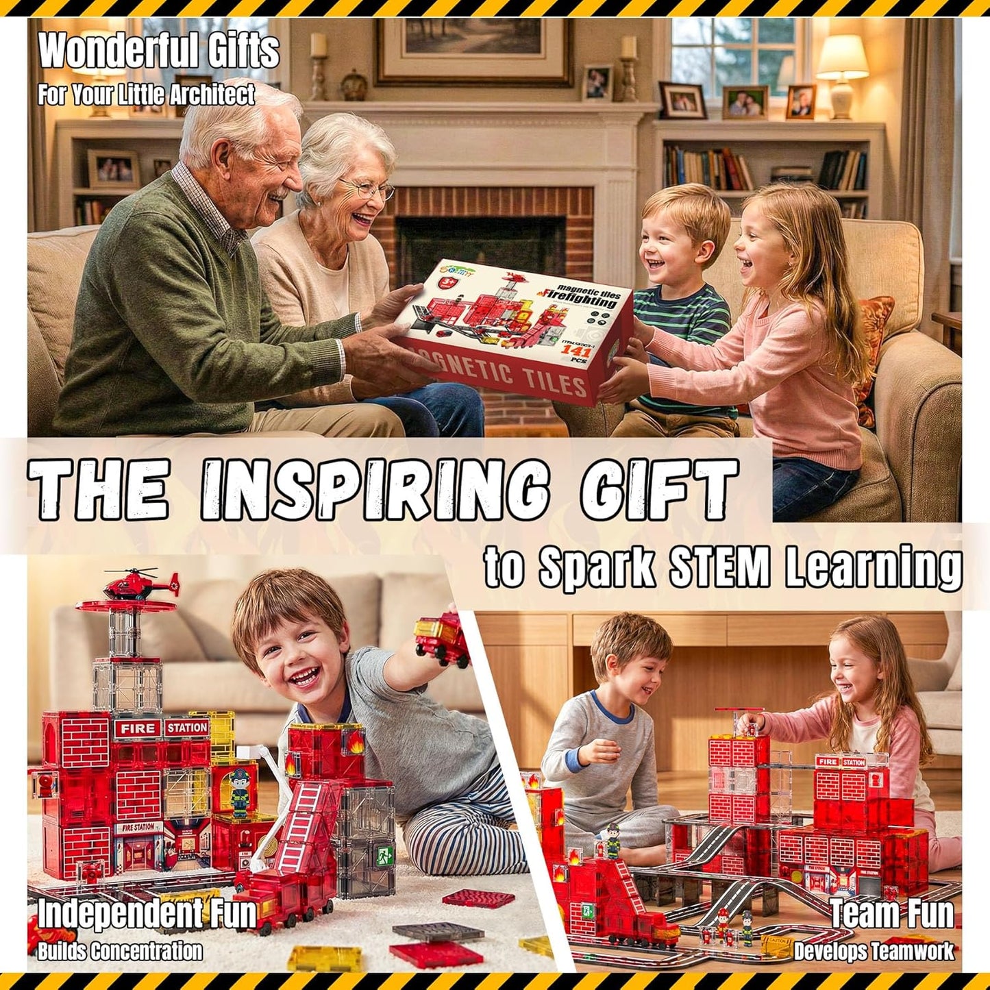 SKTMYY Magnetic Tiles Construction Toys with Road & Crane & Marble Run, Double-Sided Fire Station & Building Magnet Tiles for Kids Ages 4-8, STEM Magnetic Blocks Gifts for 3 4 5 6 7 8 Year Old Boys