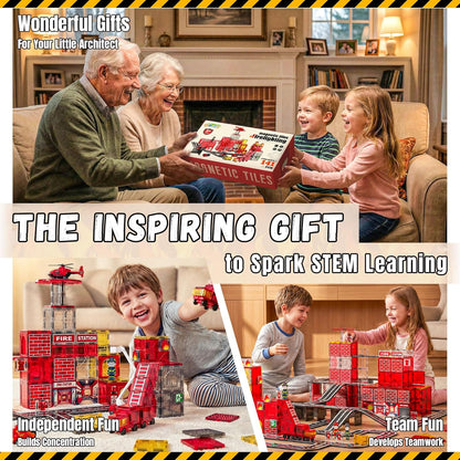 SKTMYY Magnetic Tiles Construction Toys with Road & Crane & Marble Run, Double-Sided Fire Station & Building Magnet Tiles for Kids Ages 4-8, STEM Magnetic Blocks Gifts for 3 4 5 6 7 8 Year Old Boys