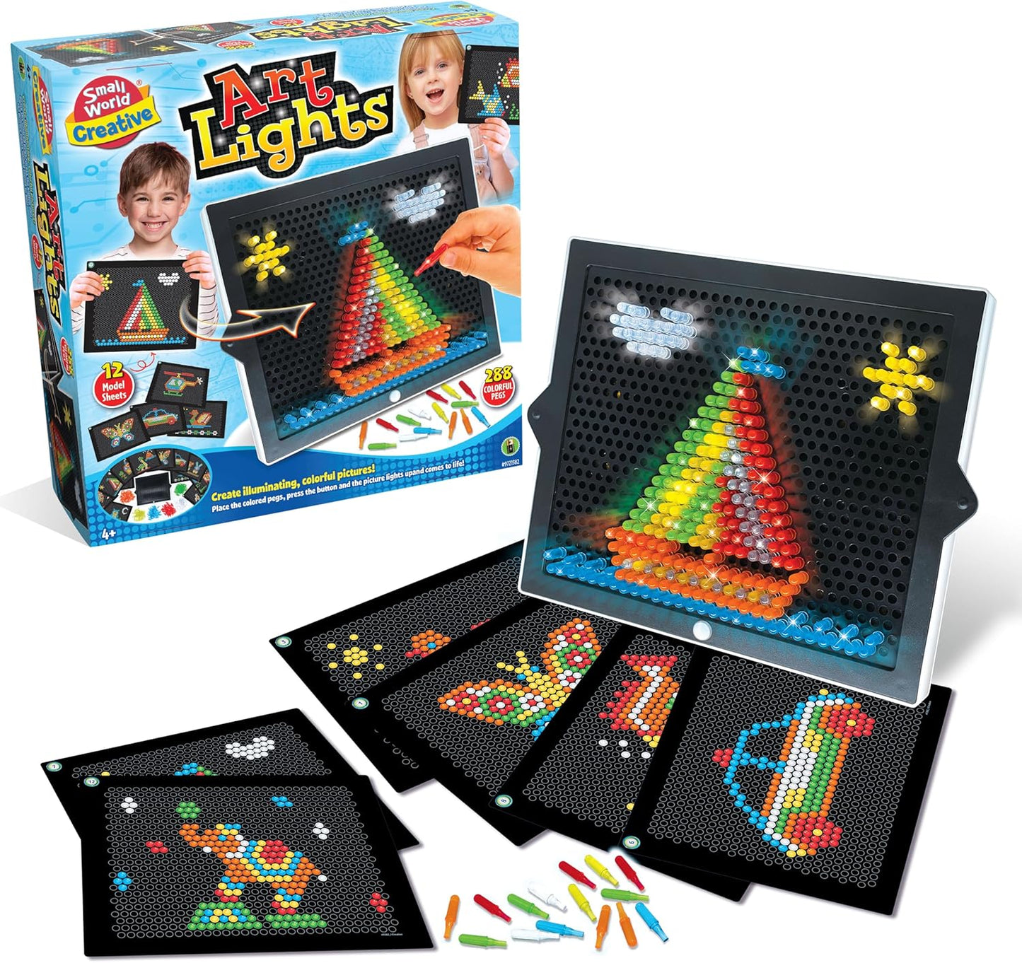 Small World Toys Art Lights, Montessori Light-Up Peg Board for Kids, STEM Educational Retro Toy with 12 Templates & 288 Bright Pegs, Creative Hands-On Activity for Fine Motor Skills, Gift for Ages 4+