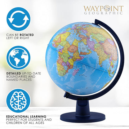 Waypoint Geographic Scout+ Illuminated With Map, World Globe for Kids, Decorative Classroom Globe with Stand, More than 4000 Places, 12” Interactive, Bonus Map Included, Blue