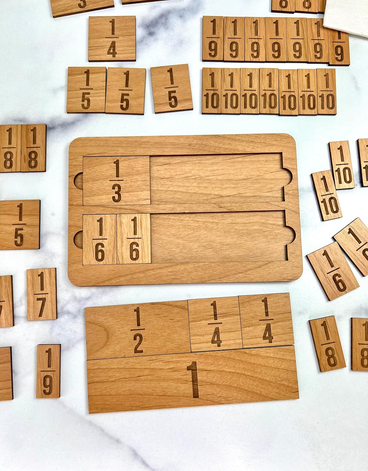 Fraction Bar Tiles and Holder - Laser Engraved Wood with 67 Tiles Plus 6 inch Holder