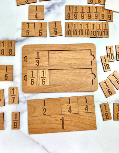 Fraction Bar Tiles and Holder - Laser Engraved Wood with 67 Tiles Plus 6 inch Holder