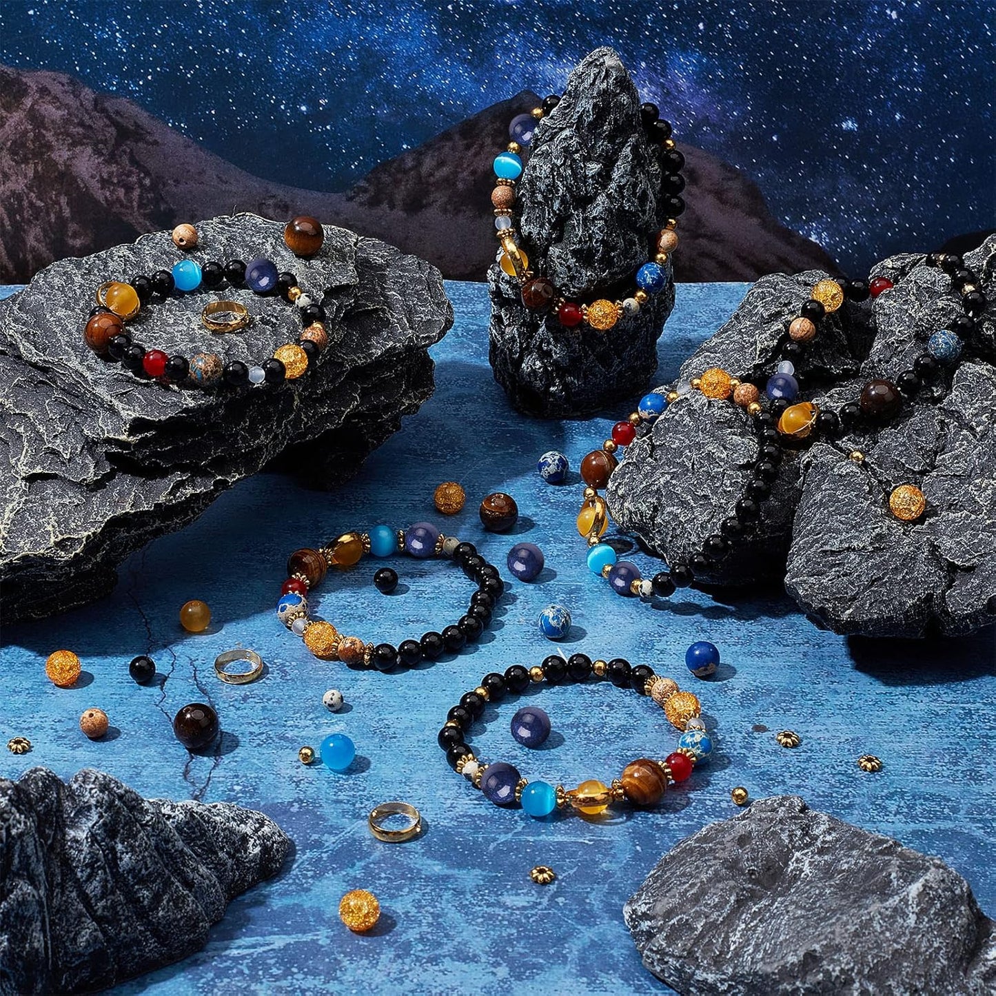 SUNNYCLUE 1 Box 300+Pcs DIY 10 Sets Solar System Bracelets Kit Universe Galaxy The Nine Guardian Planets Bracelet Necklace Tiger Eye Bead Natural Gemstone Beads for Jewelry Making Kits Craft