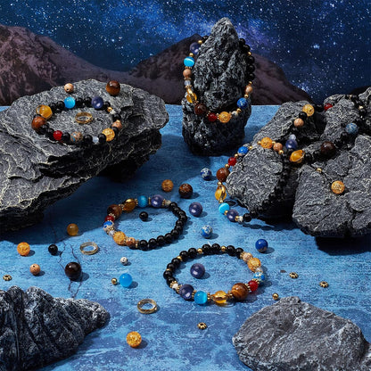 SUNNYCLUE 1 Box 300+Pcs DIY 10 Sets Solar System Bracelets Kit Universe Galaxy The Nine Guardian Planets Bracelet Necklace Tiger Eye Bead Natural Gemstone Beads for Jewelry Making Kits Craft