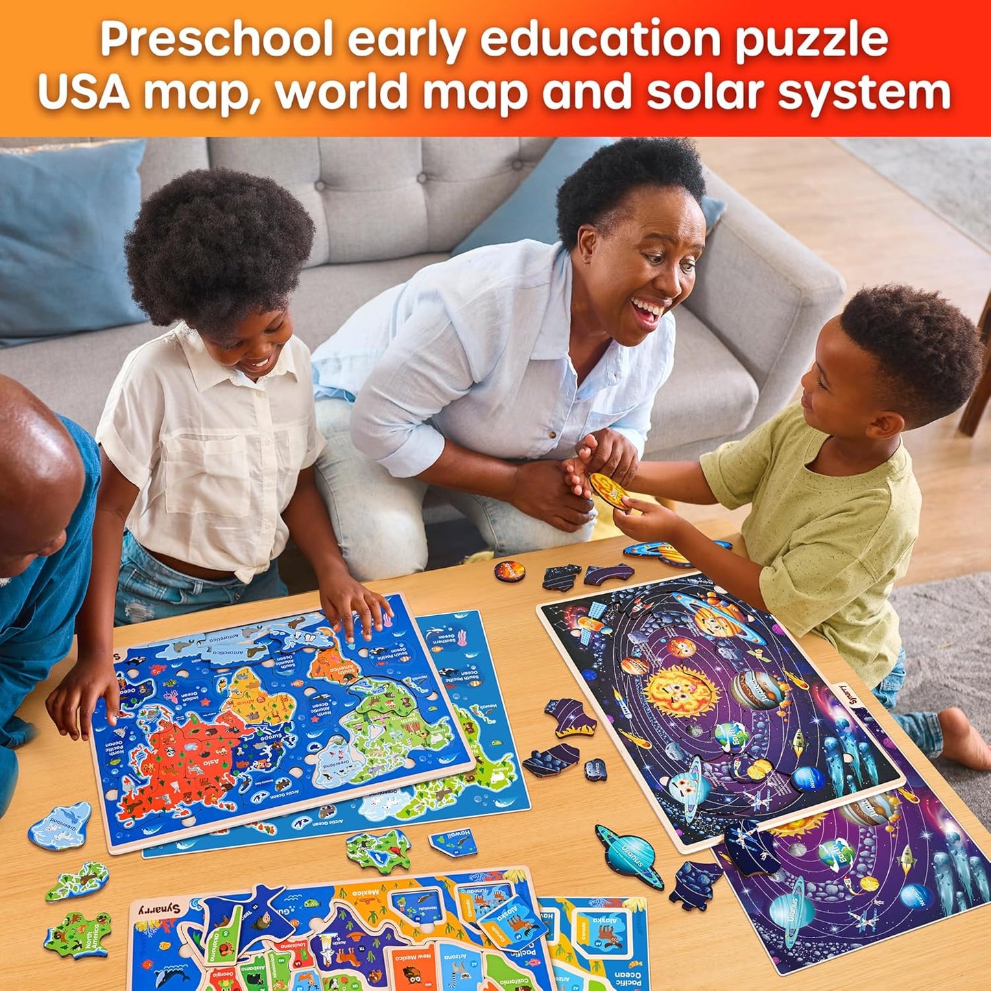 SYNARRY Large USA World Wooden Puzzles for Kids Ages 4-6, Learning United States World Maps Puzles for Kids Ages 6-8, Wood Jigsaw Puzzles Educational Games Toys Gifts for Boys Girls Ages 3-8