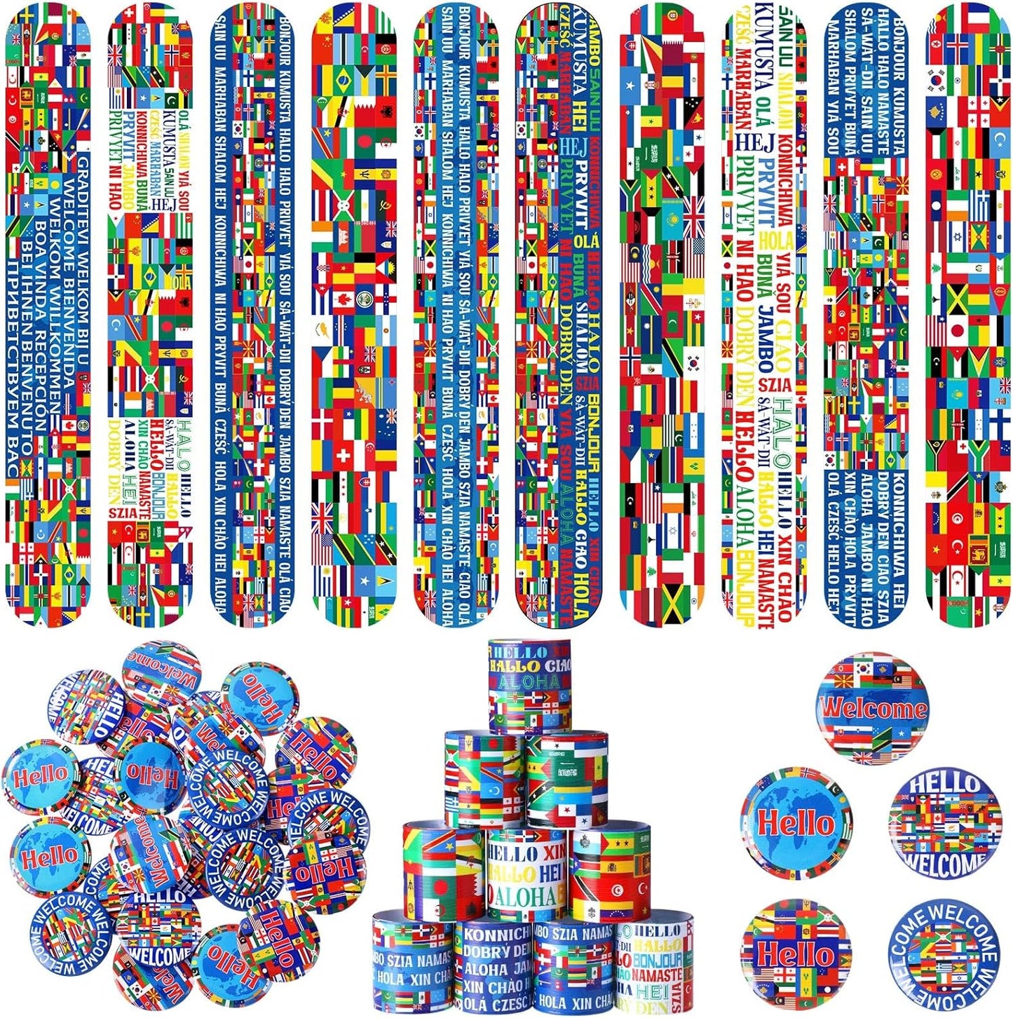 Outus 60 Pcs International Flags of The World Party Favors: 30 Around The World Slap Bracelets, 30 Button Pins, Country Flags International Party Favor Globe History Classroom Decorations Supplies