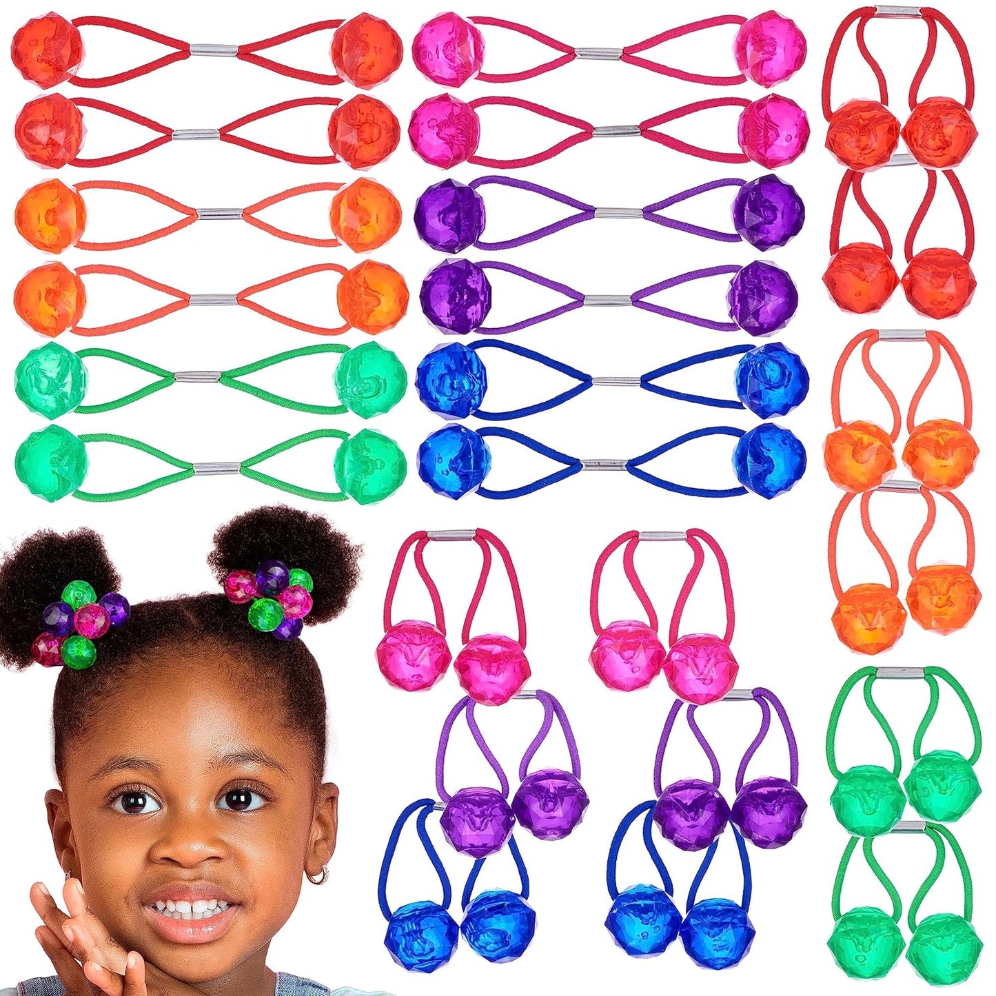 20pc Ponytailers Balls Elastics 18mm Round Opaque Multicolored Twin Beads Bauble Holders Toddler Kids Braiding Styling