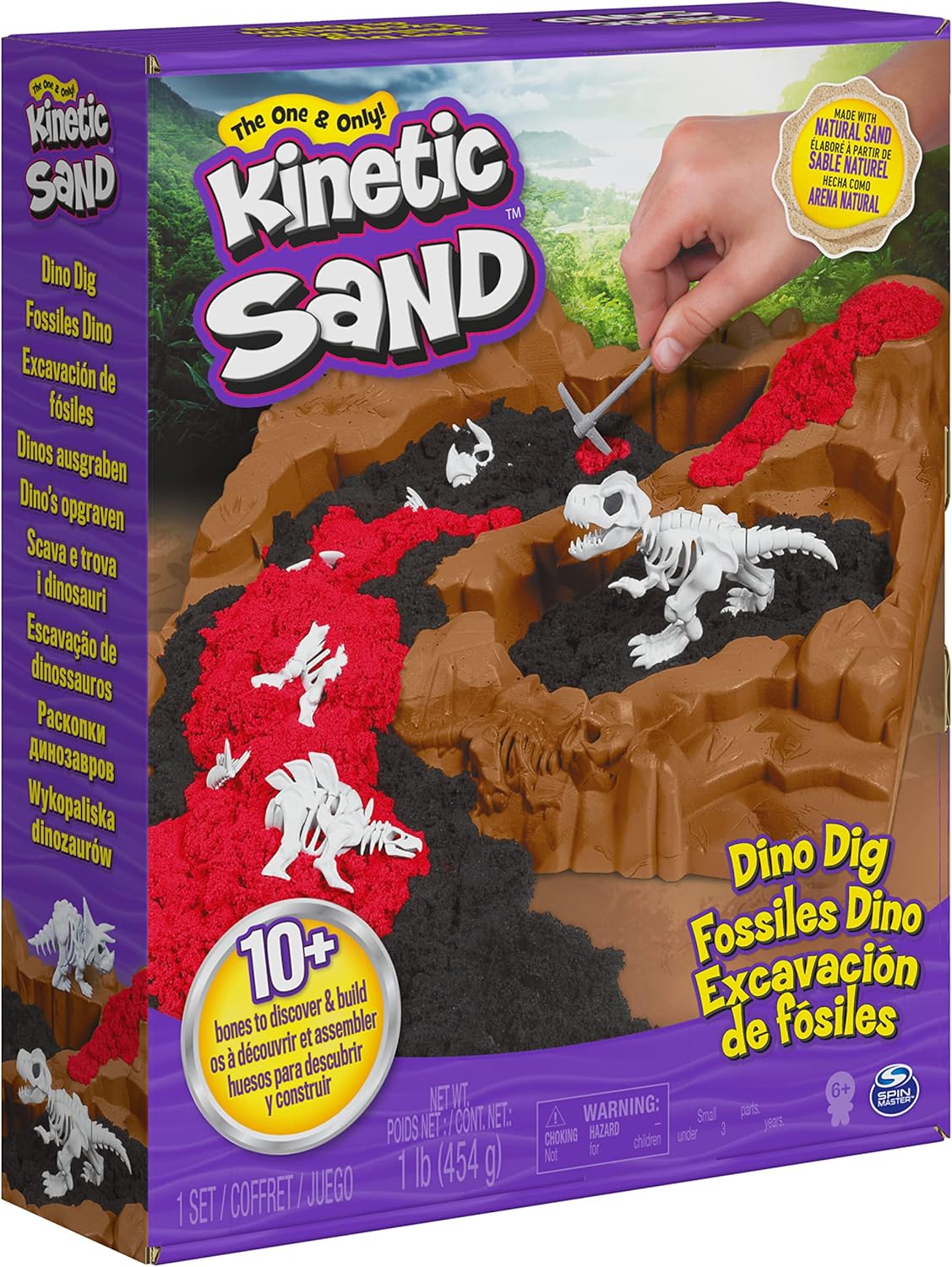 Kinetic Sand, Dino Dig Playset with 10 Hidden Dinosaur Bones, Play Sand Sensory Toys for Kids Aged 6 and up