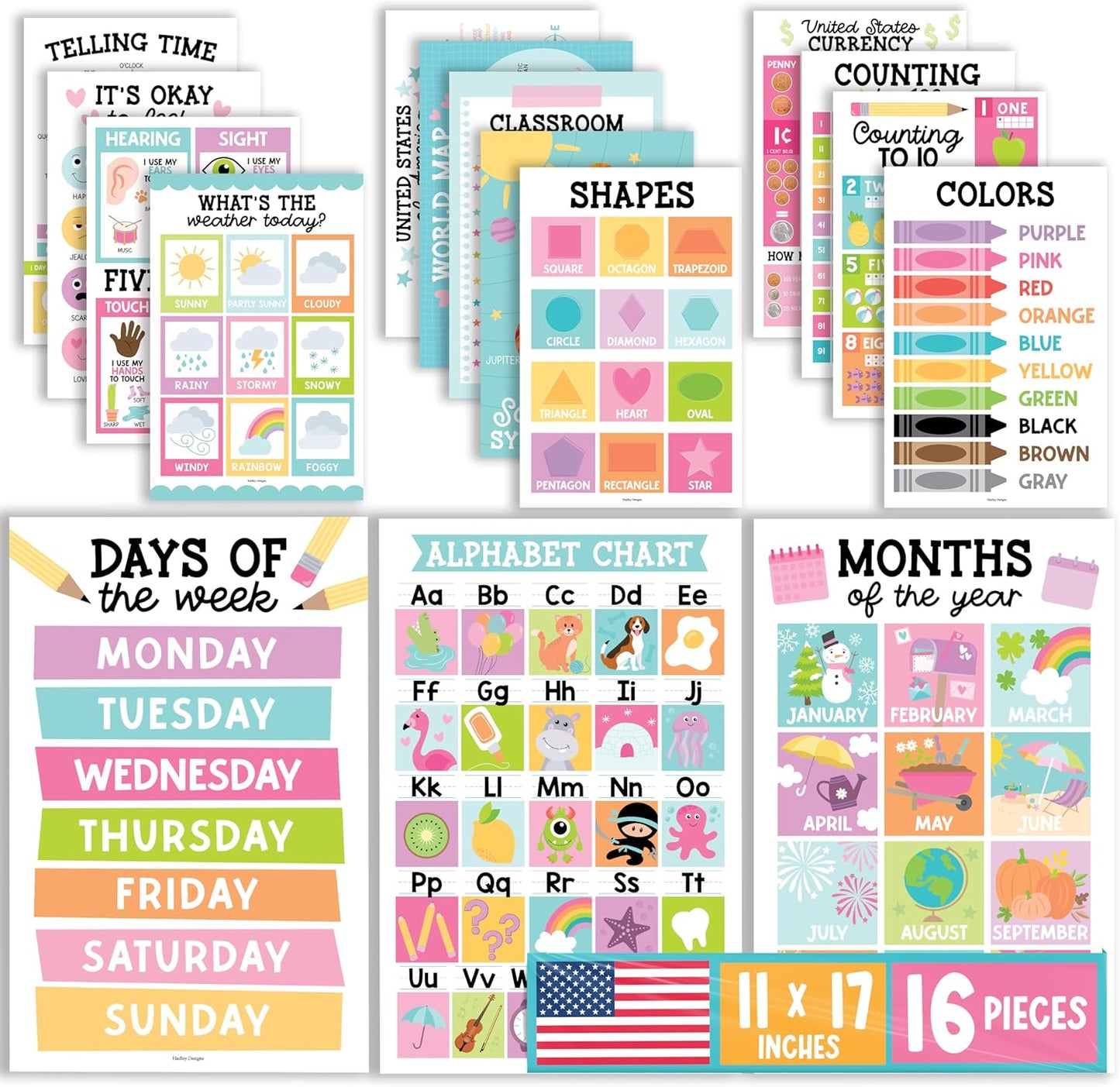 Hadley Designs 16 Educational Posters for Toddler Learning Activities - Alphabet Daycare Essentials, Laminated Pre-K Posters for Toddlers 1-3, Preschool Learning Activities, Chalkboard Classroom Decor