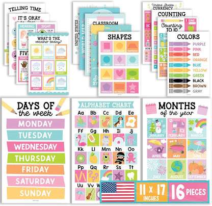 Hadley Designs 16 Educational Posters for Toddler Learning Activities - Alphabet Daycare Essentials, Laminated Pre-K Posters for Toddlers 1-3, Preschool Learning Activities, Chalkboard Classroom Decor