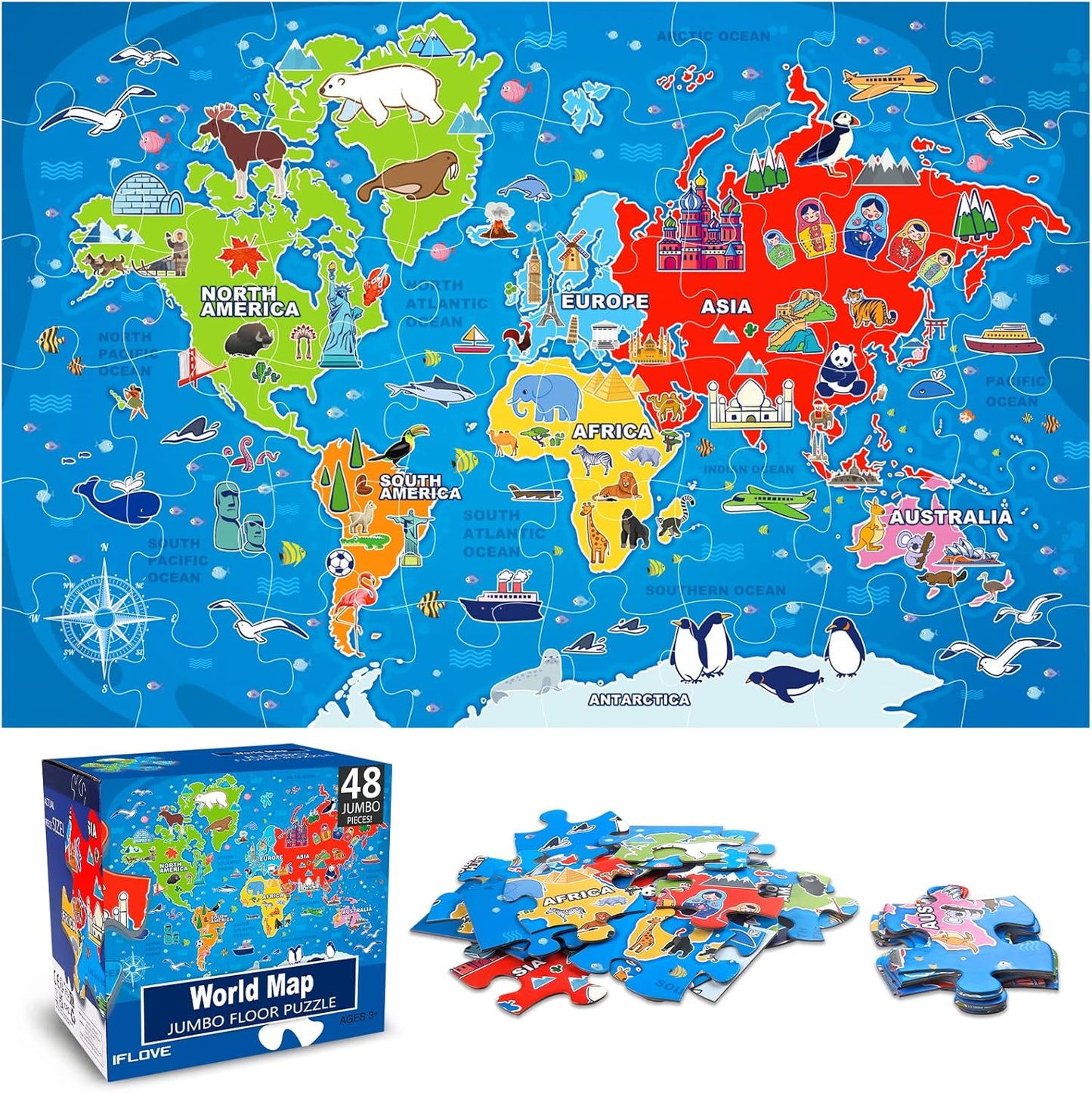 Jumbo Floor Puzzle for Kids,World Map Jigsaw Geography Puzzles,48 Piece Globe Atlas Puzzle with Continents,United States Puzzle for Ages 3-5,Preschool Learning Toys Easter Gift for 4-8 Years Old