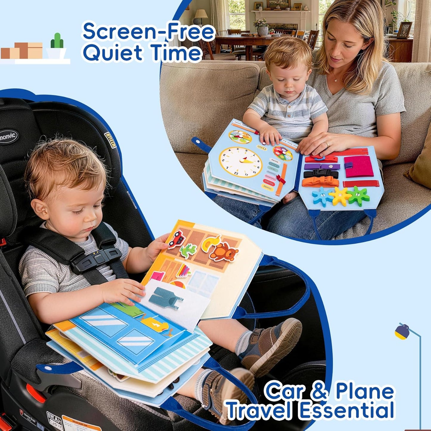 Busy Book for Toddlers - Montessori Sensory Toys for Boys & Girls Preschool Learning, 8-Page Felt Quiet Activity Board for Fine Motor Skills, Travel Toys for Airplane Car Games (Farm Animals)