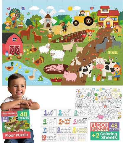 Floor Puzzles for Kids Ages 3-5 4-6 Educational 48 Piece Farm Animals with 2 Giant Coloring Posters Preschool Learning Toy Tractors Tools Barnyard Animals Screen Free Family Playtime