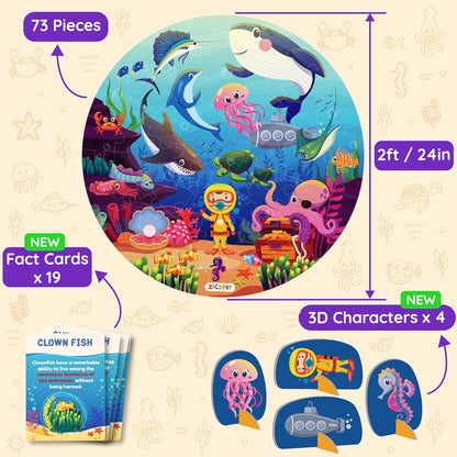 Jumbo 70 Piece Round Floor Puzzles for Kids Ages 3-5, 6-8, Large Jigsaw Puzzle with Educational Flash Cards and 3D Figures | Educational Gift (Animal Safari)