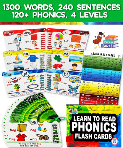 Phonics Flash Cards with Proven Spaced Repetition Learning System - Learn to Read in 20 Phonic Stages - Digraphs CVC Blends Long Vowel Sounds Phonics Games for Kids Ages 4-8 Kindergarten 1st 2nd Grade
