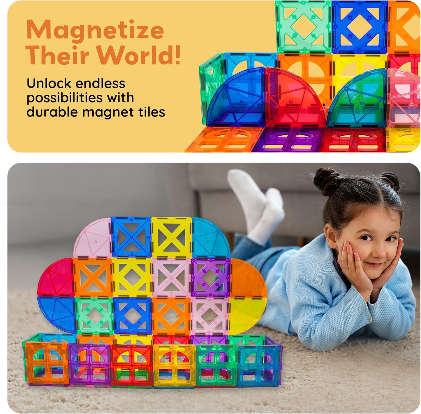 PicassoTiles 42pcs Magnetic Tiles Magnet Blocks See-Through Shape STEM Toys Building Block Educational Playset Compatible with Major Brand Tile -Starter Set for Boys and Girls Toddlers Ages 3+ PT42