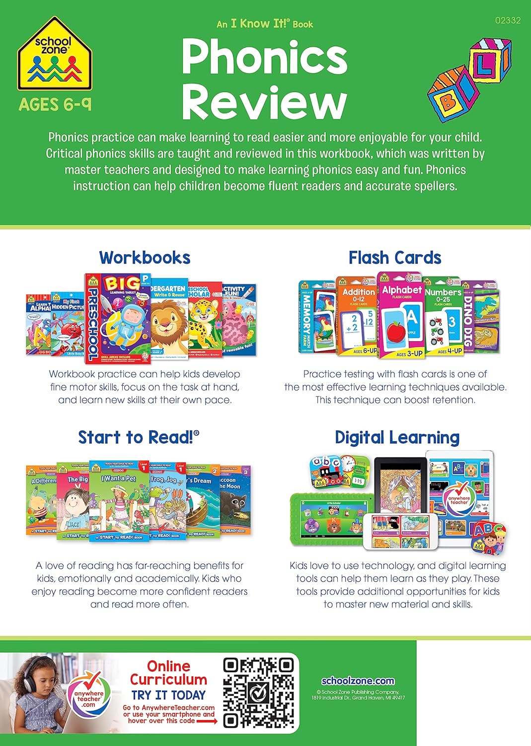School Zone Phonics Review 1-3 Workbook: 64 Pages, 1st Grade, 2nd Grade, 3rd Grade, Combination Sounds, Short Letters, Vowels, Ages 6 to 9 (I Know It! Book Series)