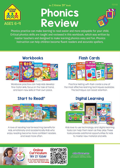 School Zone Phonics Review 1-3 Workbook: 64 Pages, 1st Grade, 2nd Grade, 3rd Grade, Combination Sounds, Short Letters, Vowels, Ages 6 to 9 (I Know It! Book Series)