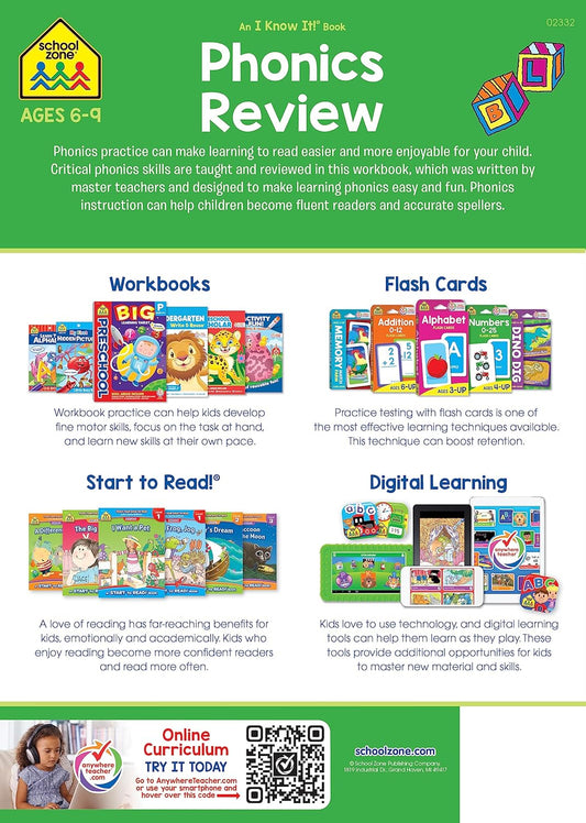 School Zone Phonics Review 1-3 Workbook: 64 Pages, 1st Grade, 2nd Grade, 3rd Grade, Combination Sounds, Short Letters, Vowels, Ages 6 to 9 (I Know It! Book Series)
